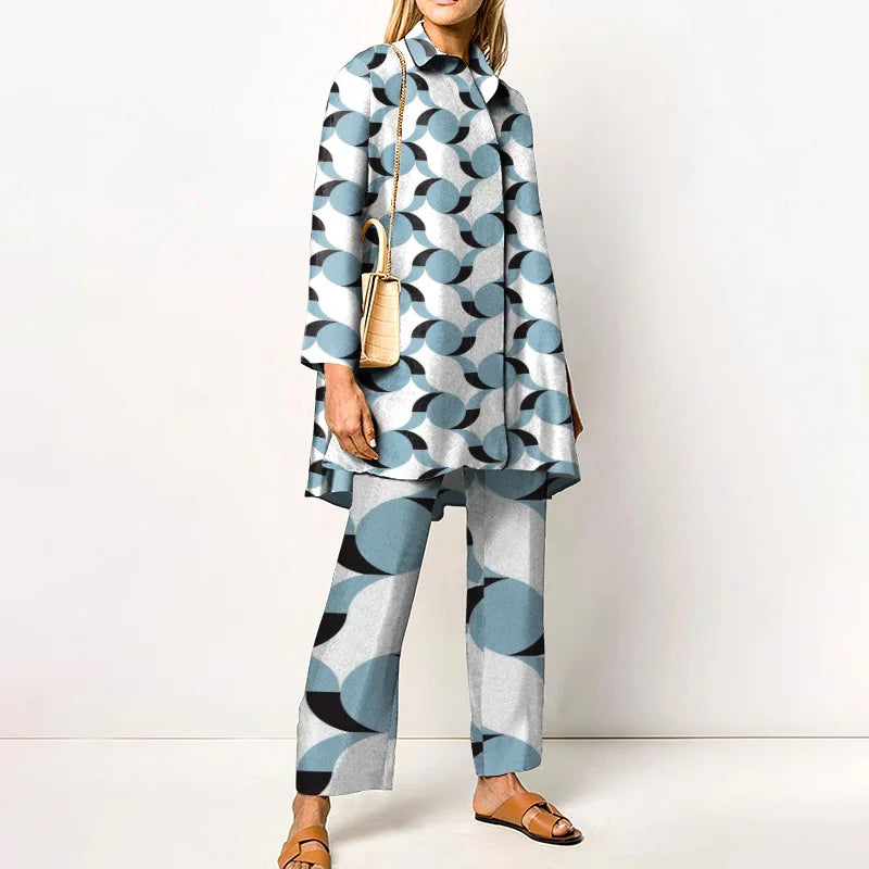 Elegant Loungewear Print 2PCS Ladies Suit Long Sleeve Wide Leg Pants Set
