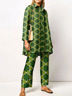 Elegant Loungewear Print 2PCS Ladies Suit Long Sleeve Wide Leg Pants Set