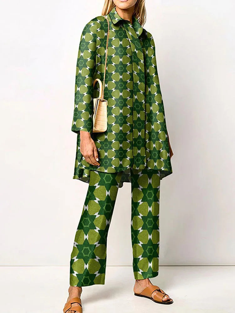 Elegant Loungewear Print 2PCS Ladies Suit Long Sleeve Wide Leg Pants Set