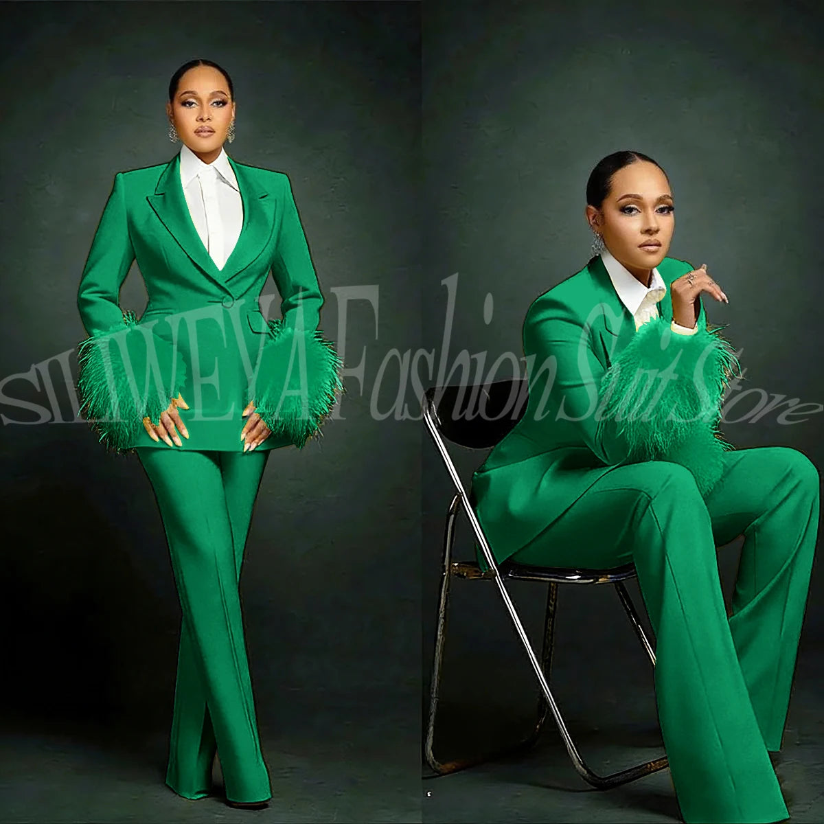 Luxury Feather Applique Single Breasted 2 Pieces Female Suit (Blazer+Pants)