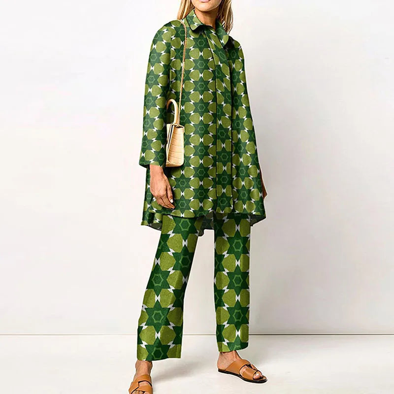 Elegant Loungewear Print 2PCS Ladies Suit Long Sleeve Wide Leg Pants Set