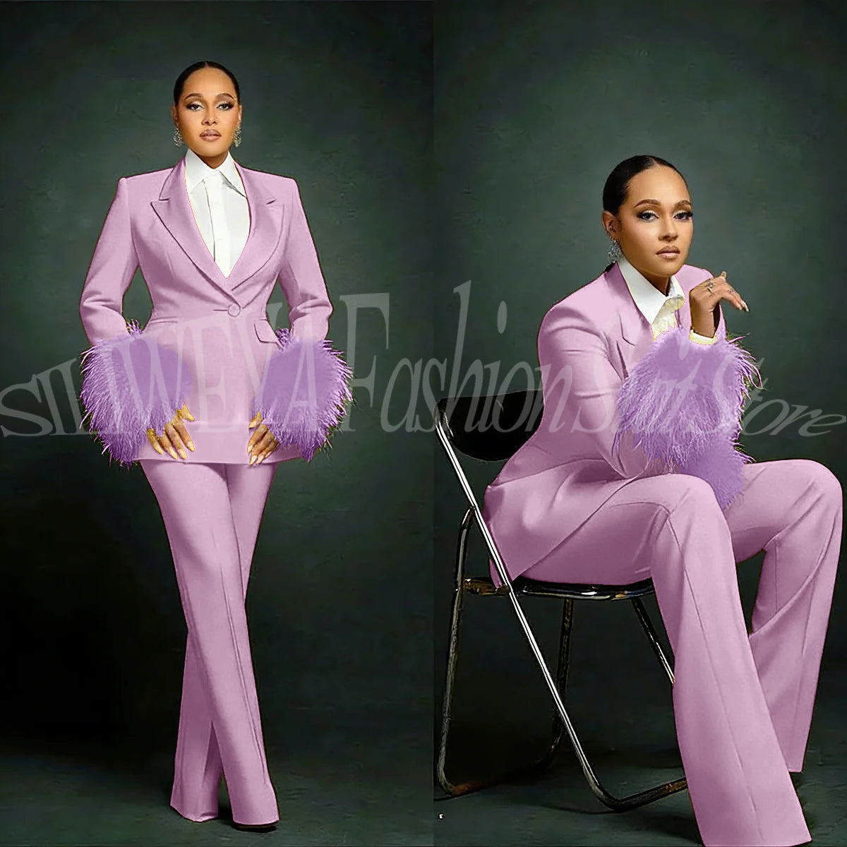 Luxury Feather Applique Single Breasted 2 Pieces Female Suit (Blazer+Pants)
