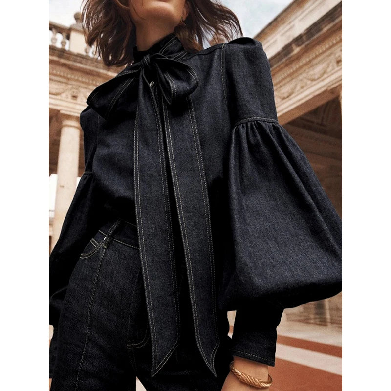 Puff Sleeves Bow-Embellished High Neck Denim Shirts