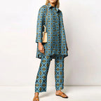 Elegant Loungewear Print 2PCS Ladies Suit Long Sleeve Wide Leg Pants Set