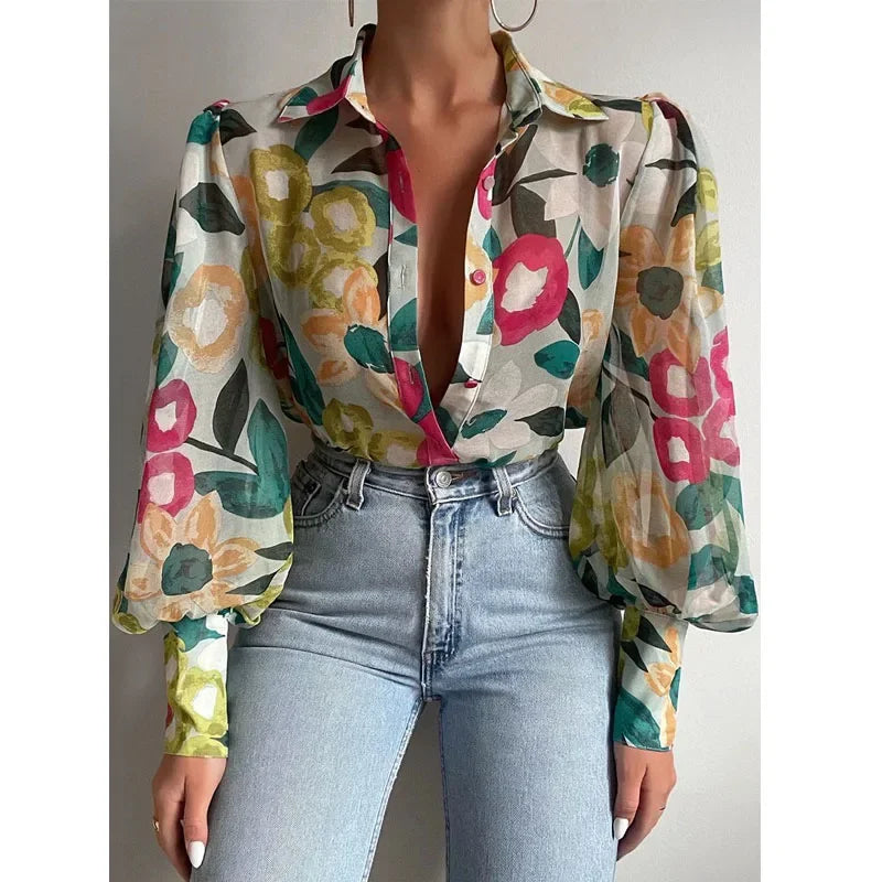 Fashion Lapel Lantern Sleeve Blouses