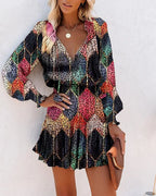 Colorful Floral Printed Drawstring Ruffle Miniskirt Robe
