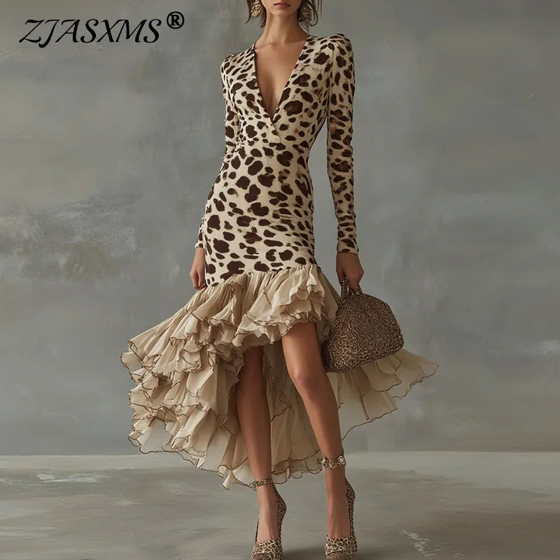 Retro Leopard Print Mesh Ruffle Dress
