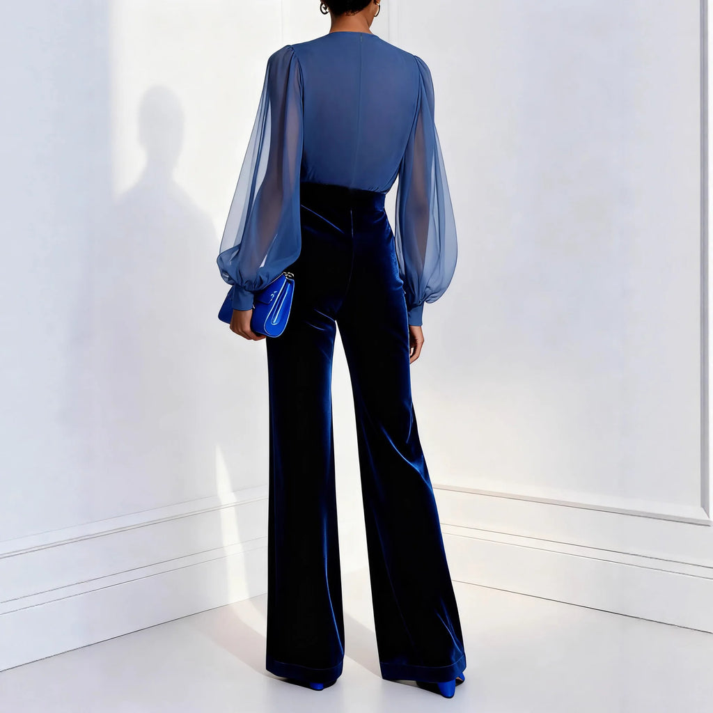 Slim Fit Mesh Long-sleeved Jumpsuit Elegant Sexy Deep V-neck Jumpsuit