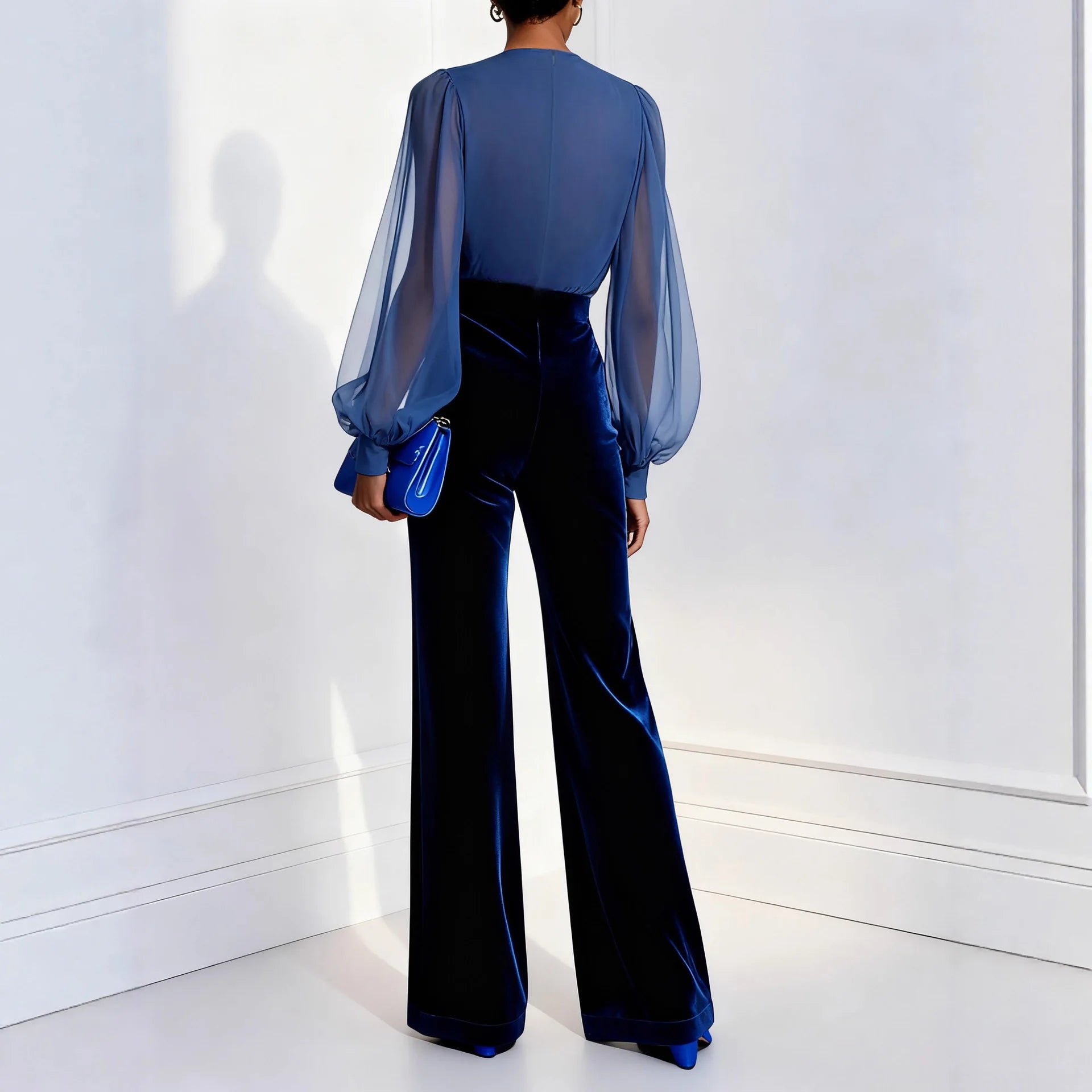 Slim Fit Mesh Long-sleeved Jumpsuit Elegant Sexy Deep V-neck Jumpsuit