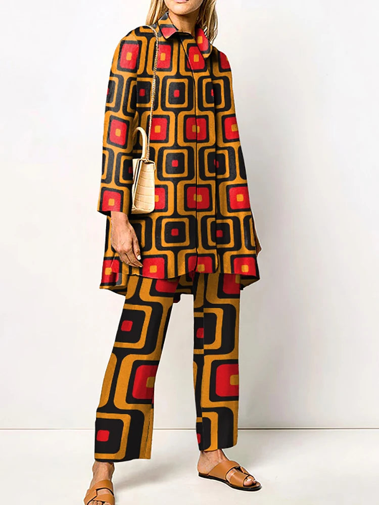 Elegant Loungewear Print 2PCS Ladies Suit Long Sleeve Wide Leg Pants Set