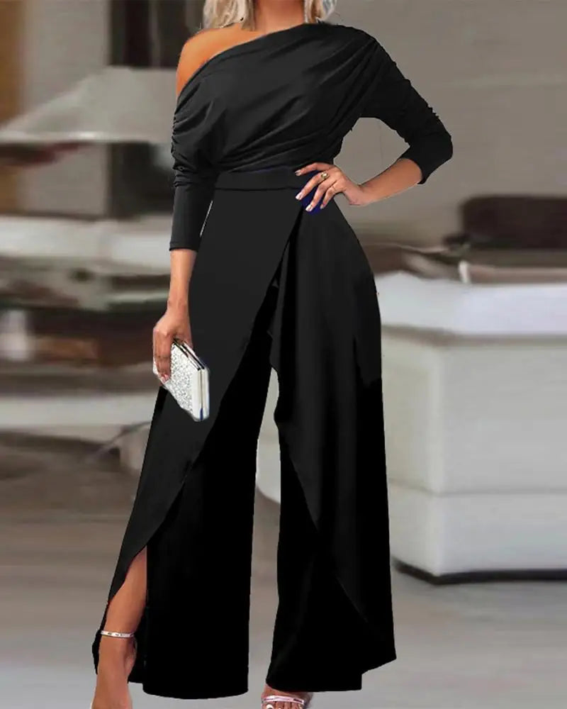 Cold Shoulder Split Hem Wide Leg Jumpsuit