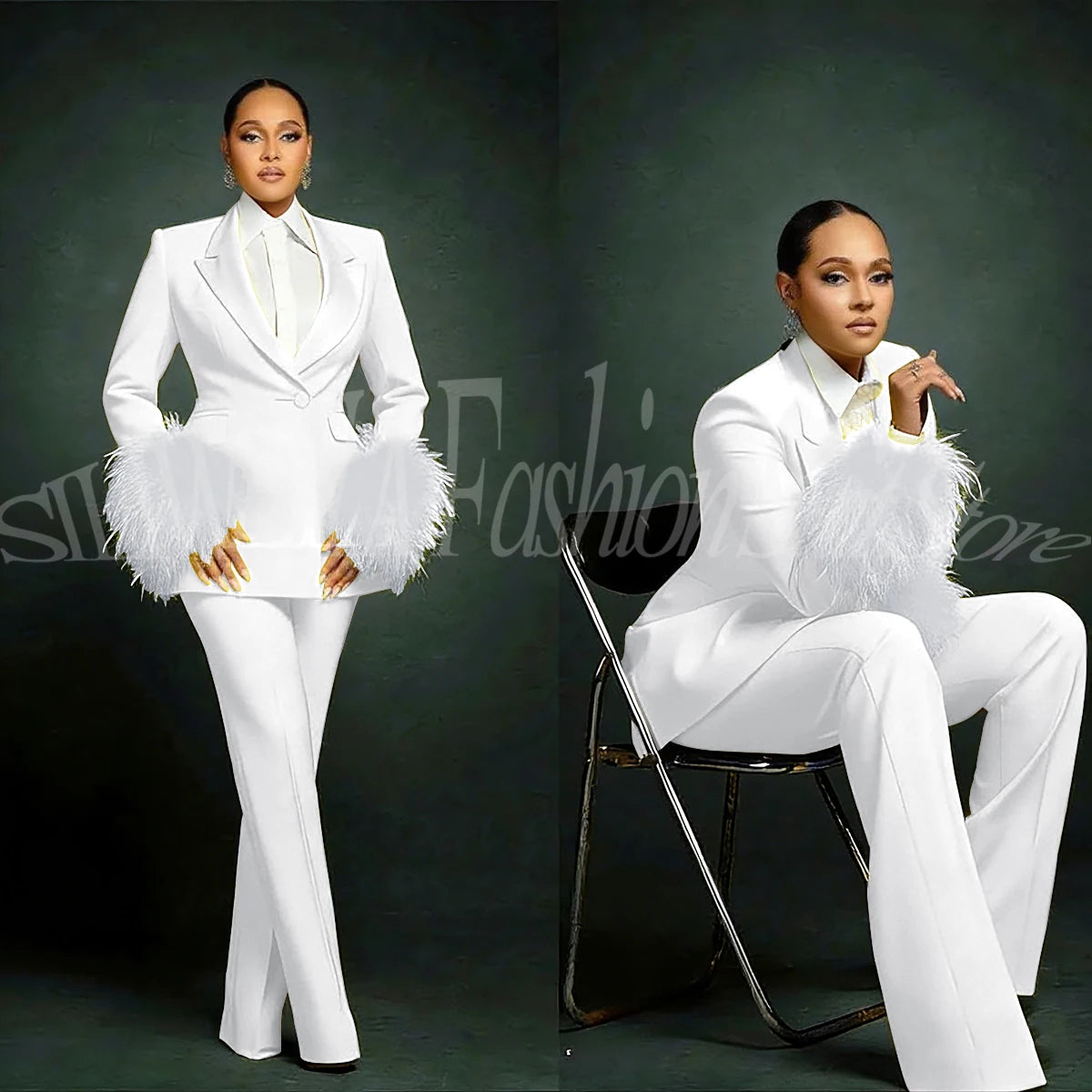 Luxury Feather Applique Single Breasted 2 Pieces Female Suit (Blazer+Pants)