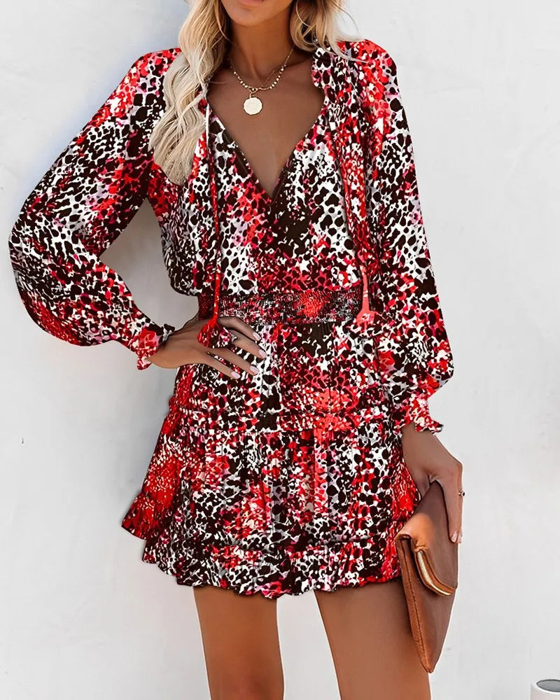 Colorful Floral Printed Drawstring Ruffle Miniskirt Robe