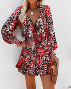 Colorful Floral Printed Drawstring Ruffle Miniskirt Robe