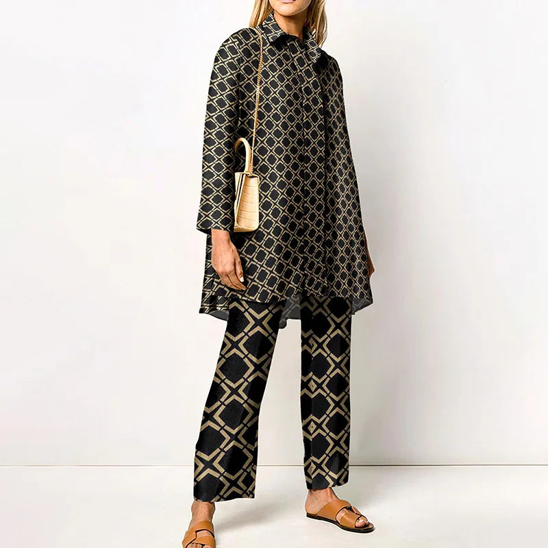 Elegant Loungewear Print 2PCS Ladies Suit Long Sleeve Wide Leg Pants Set