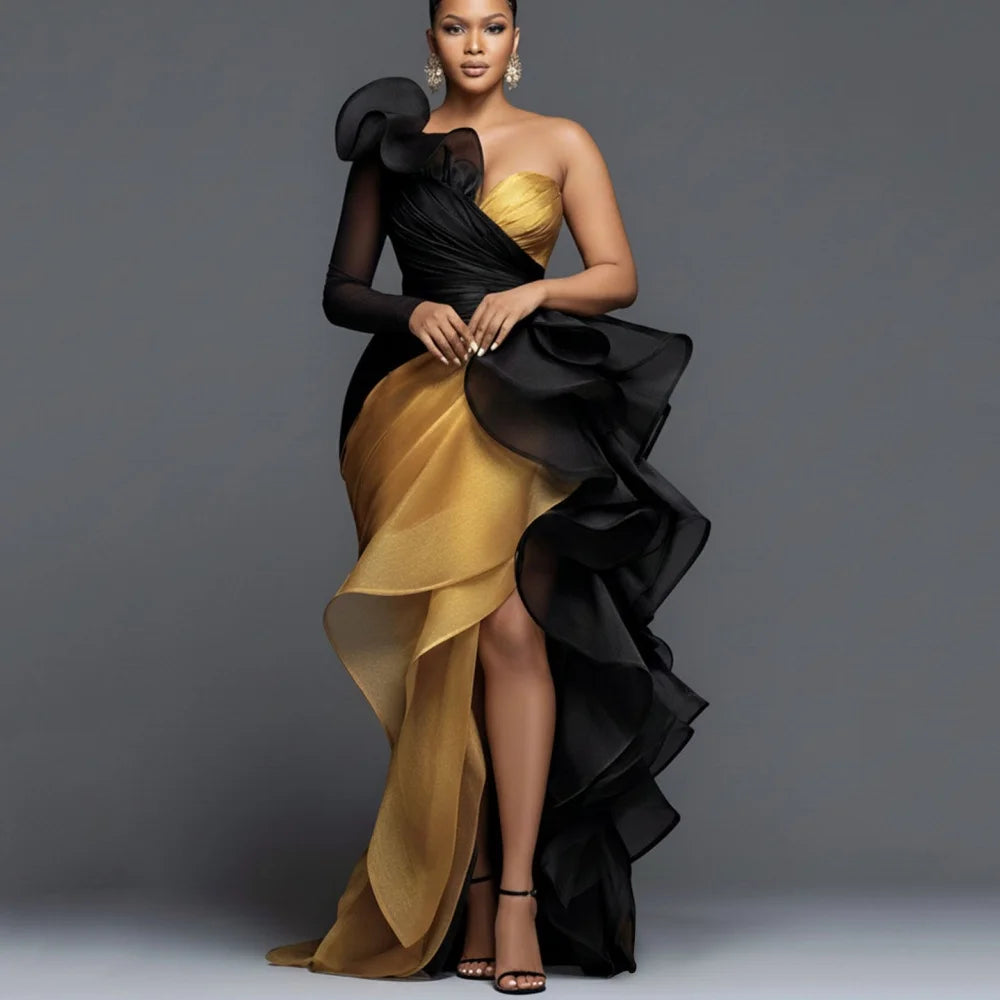 Vintage One Shoulder Contrast Color Split Gown