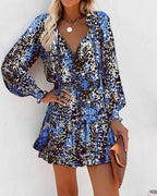Colorful Floral Printed Drawstring Ruffle Miniskirt Robe