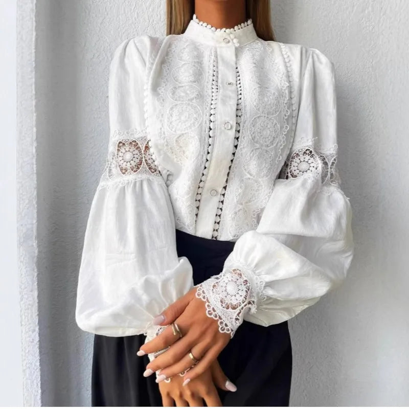 Lace Hook Flower Hollow Puff Sleeves Blouse