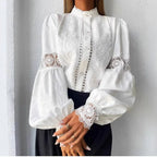 Lace Hook Flower Hollow Puff Sleeves Blouse