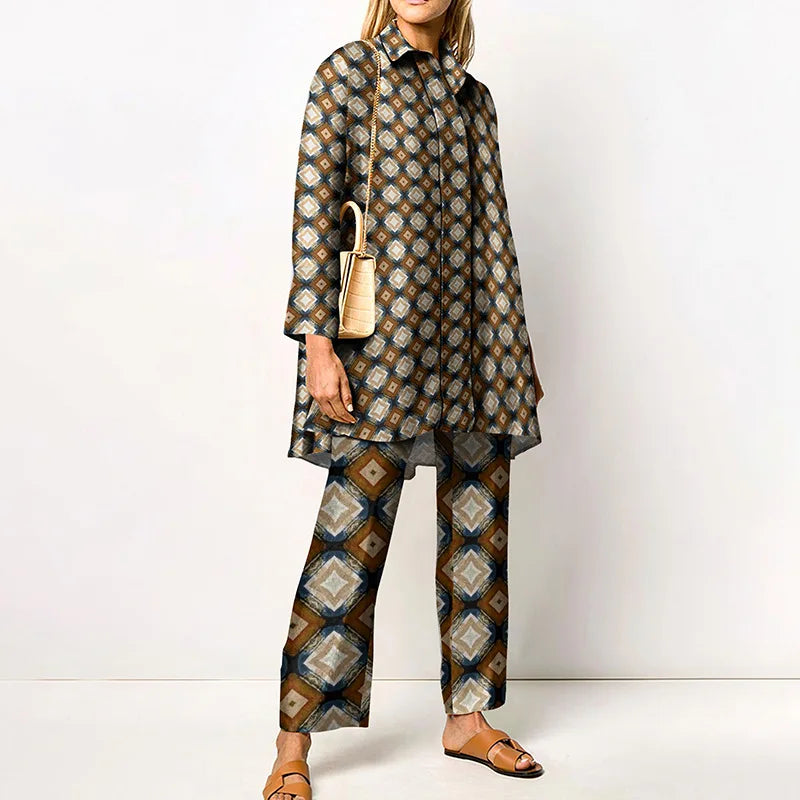 Elegant Loungewear Print 2PCS Ladies Suit Long Sleeve Wide Leg Pants Set