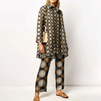 Elegant Loungewear Print 2PCS Ladies Suit Long Sleeve Wide Leg Pants Set