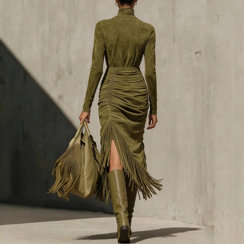 Midi Olive Velvet Turtleneck Ruched Fringe High-Slit Slim-Fit Dress