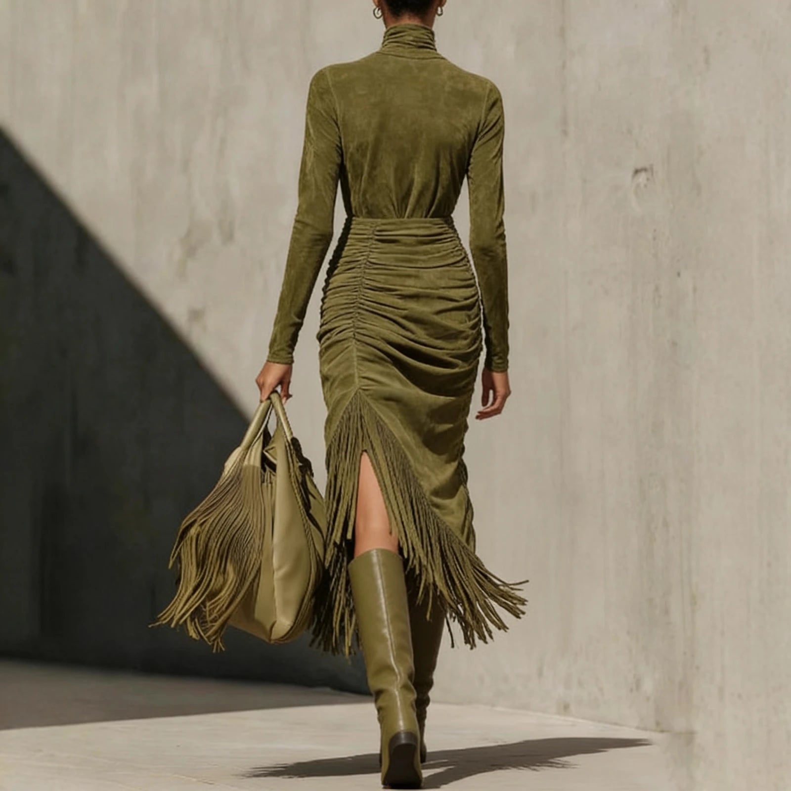 Midi Olive Velvet Turtleneck Ruched Fringe High-Slit Slim-Fit Dress