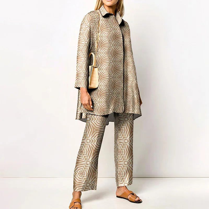 Elegant Loungewear Print 2PCS Ladies Suit Long Sleeve Wide Leg Pants Set