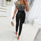 Cut-out Design Belt Decoration V-neck Fashion Sequin One-shoulder Bodysuit