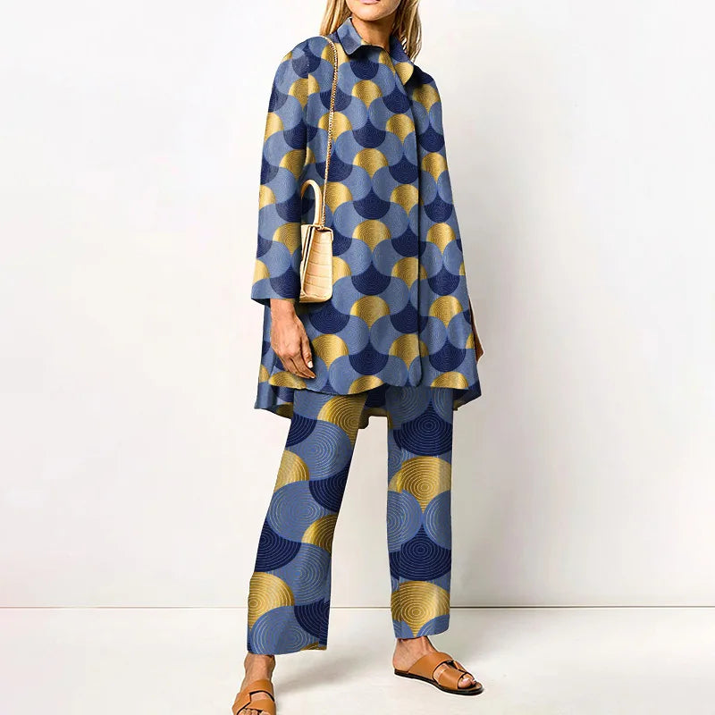 Elegant Loungewear Print 2PCS Ladies Suit Long Sleeve Wide Leg Pants Set
