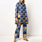 Elegant Loungewear Print 2PCS Ladies Suit Long Sleeve Wide Leg Pants Set