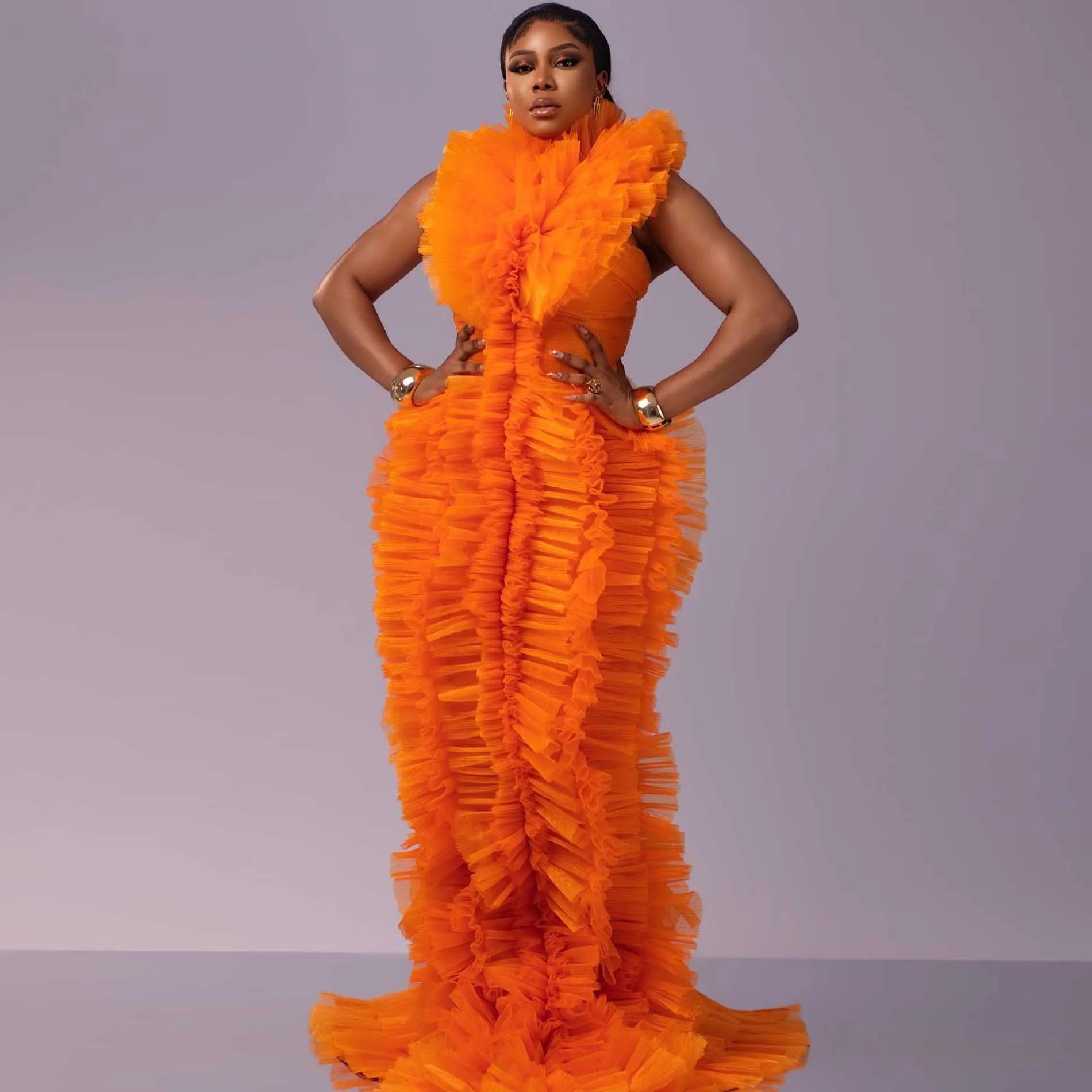 Stunning Orange Ruffle Tulle Evening Pleated Tiered Formal Gown