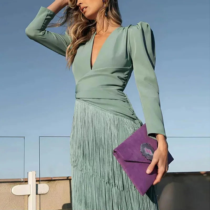 V Neckline Pleated Bohemian Dress
