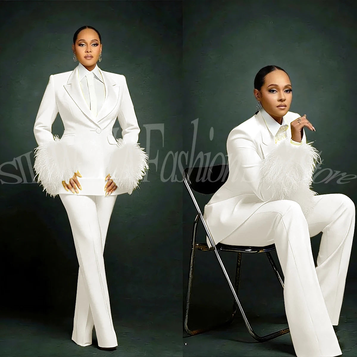 Luxury Feather Applique Single Breasted 2 Pieces Female Suit (Blazer+Pants)
