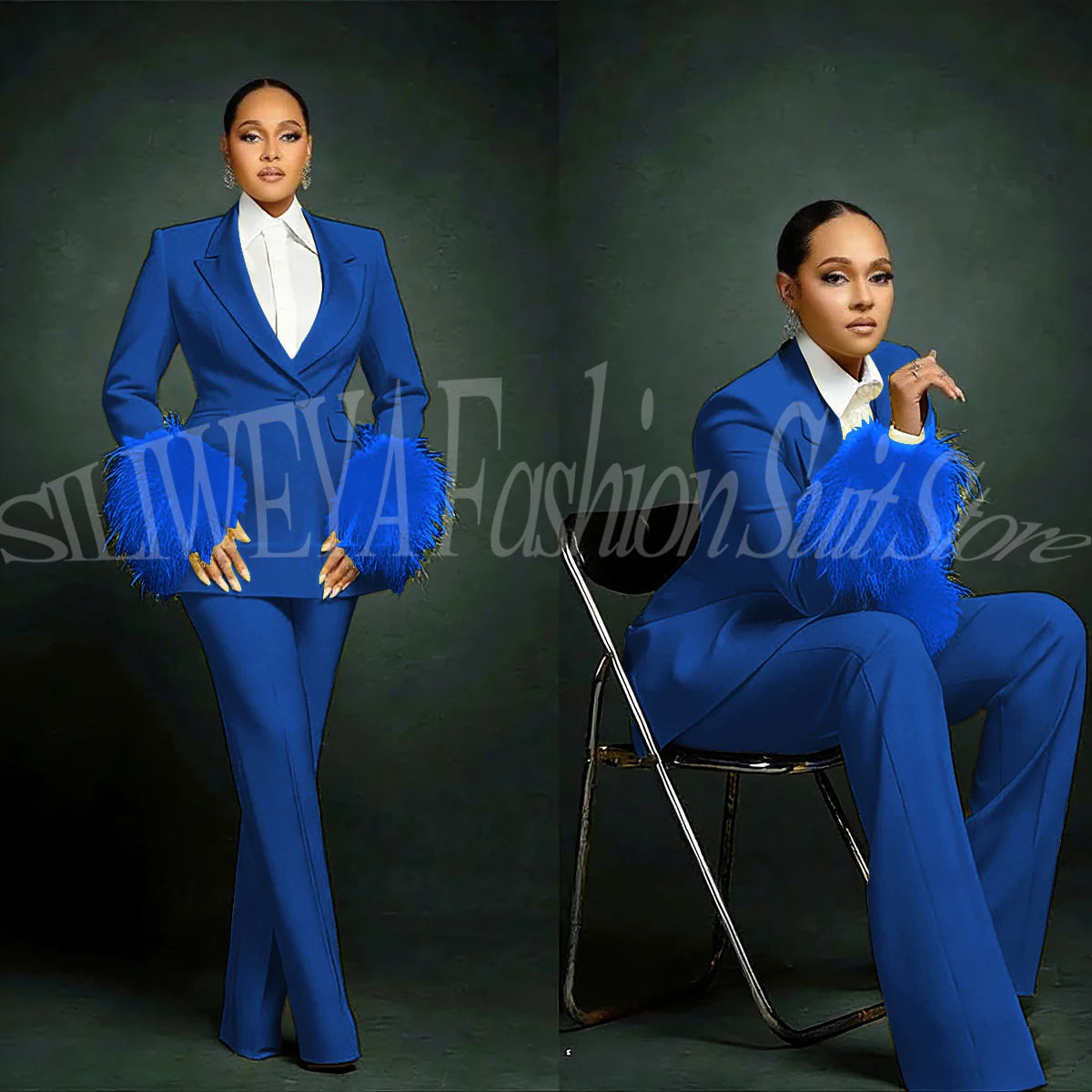 Luxury Feather Applique Single Breasted 2 Pieces Female Suit (Blazer+Pants)