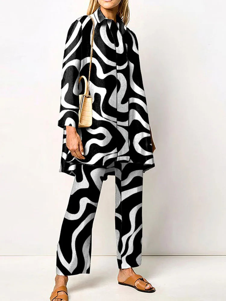 Elegant Loungewear Print 2PCS Ladies Suit Long Sleeve Wide Leg Pants Set