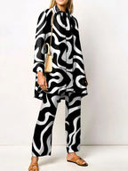 Elegant Loungewear Print 2PCS Ladies Suit Long Sleeve Wide Leg Pants Set