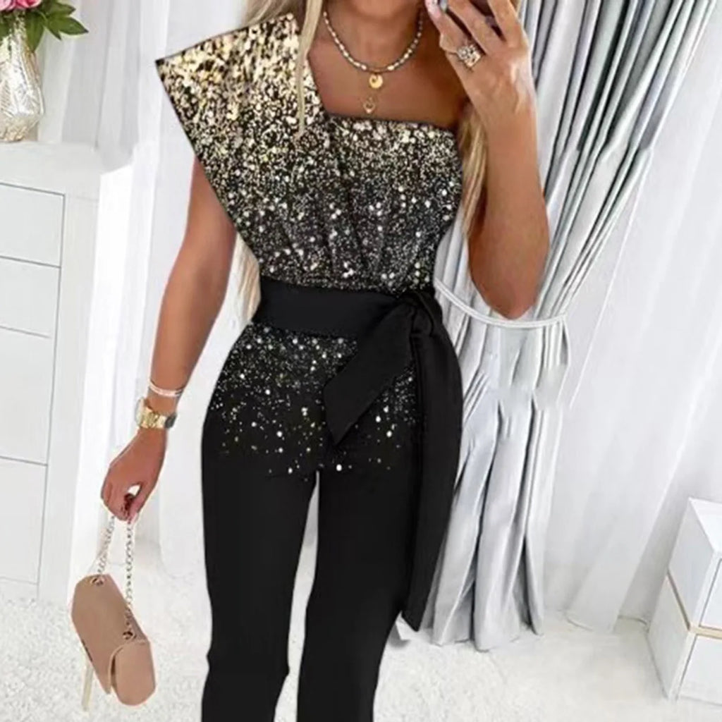 Cut-out Design Belt Decoration V-neck Fashion Sequin One-shoulder Bodysuit