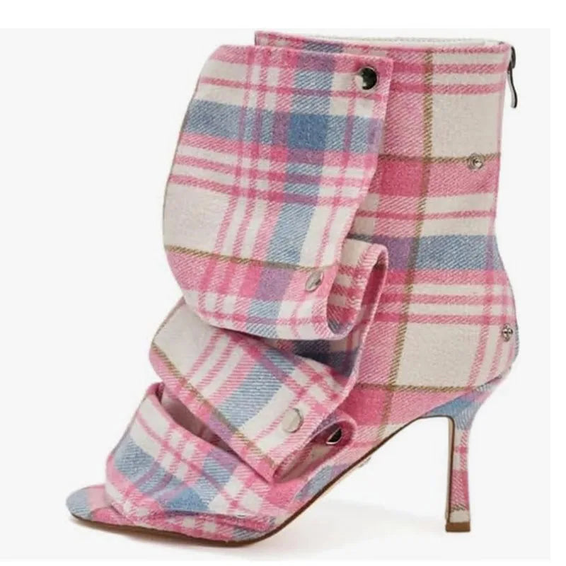 Plaid Pleated Mid Leg Fish Mouth Cool Boots