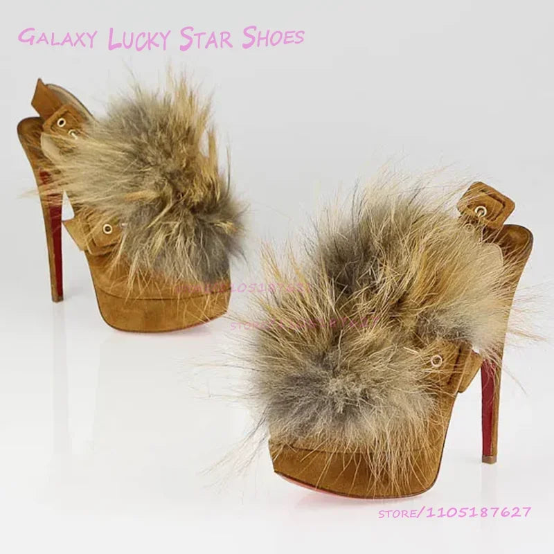 Brown Tassel Feather Buckle Stiletto Heels