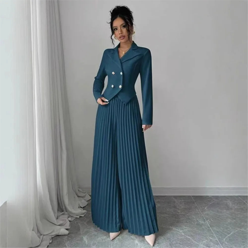 Fashion Pleated Trousers Two-piece Women's Suit Short Top Suit