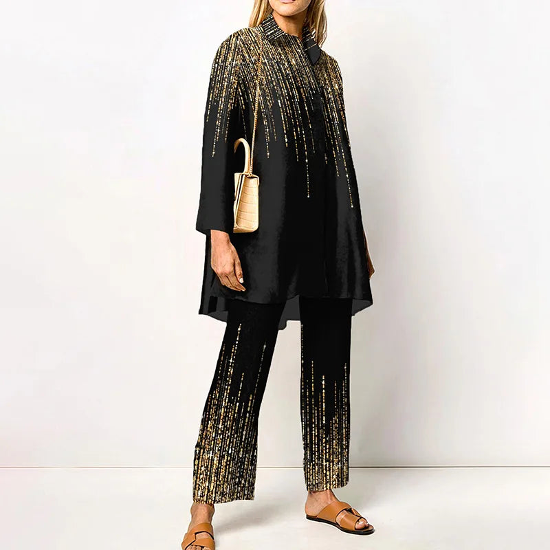 Elegant Loungewear Print 2PCS Ladies Suit Long Sleeve Wide Leg Pants Set