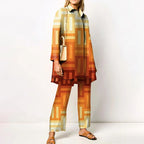 Elegant Loungewear Print 2PCS Ladies Suit Long Sleeve Wide Leg Pants Set