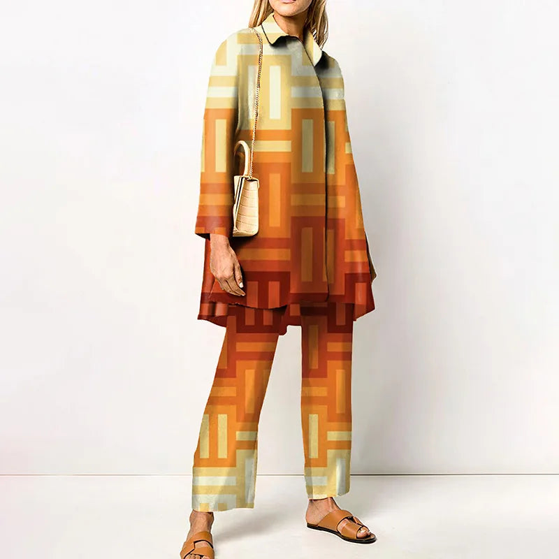 Elegant Loungewear Print 2PCS Ladies Suit Long Sleeve Wide Leg Pants Set
