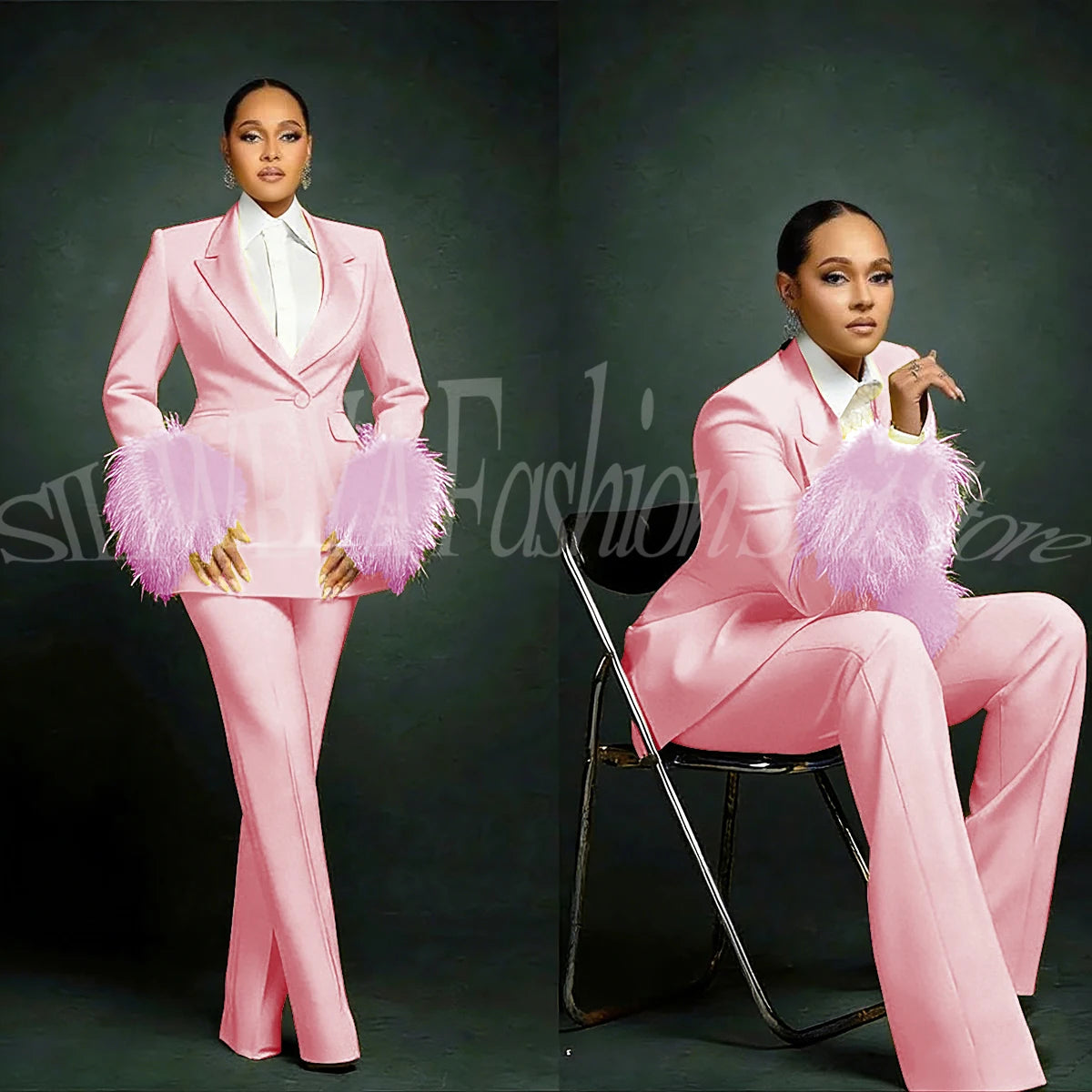 Luxury Feather Applique Single Breasted 2 Pieces Female Suit (Blazer+Pants)