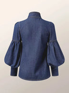 Puff Sleeves Bow-Embellished High Neck Denim Shirts