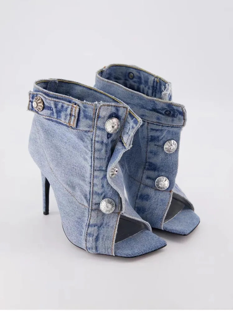 Catwalk High Heel Denim Square Toe Boots