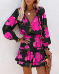 Colorful Floral Printed Drawstring Ruffle Miniskirt Robe