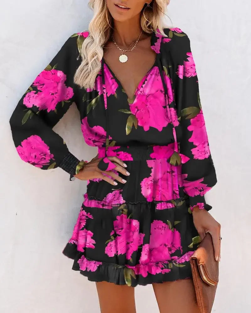 Colorful Floral Printed Drawstring Ruffle Miniskirt Robe