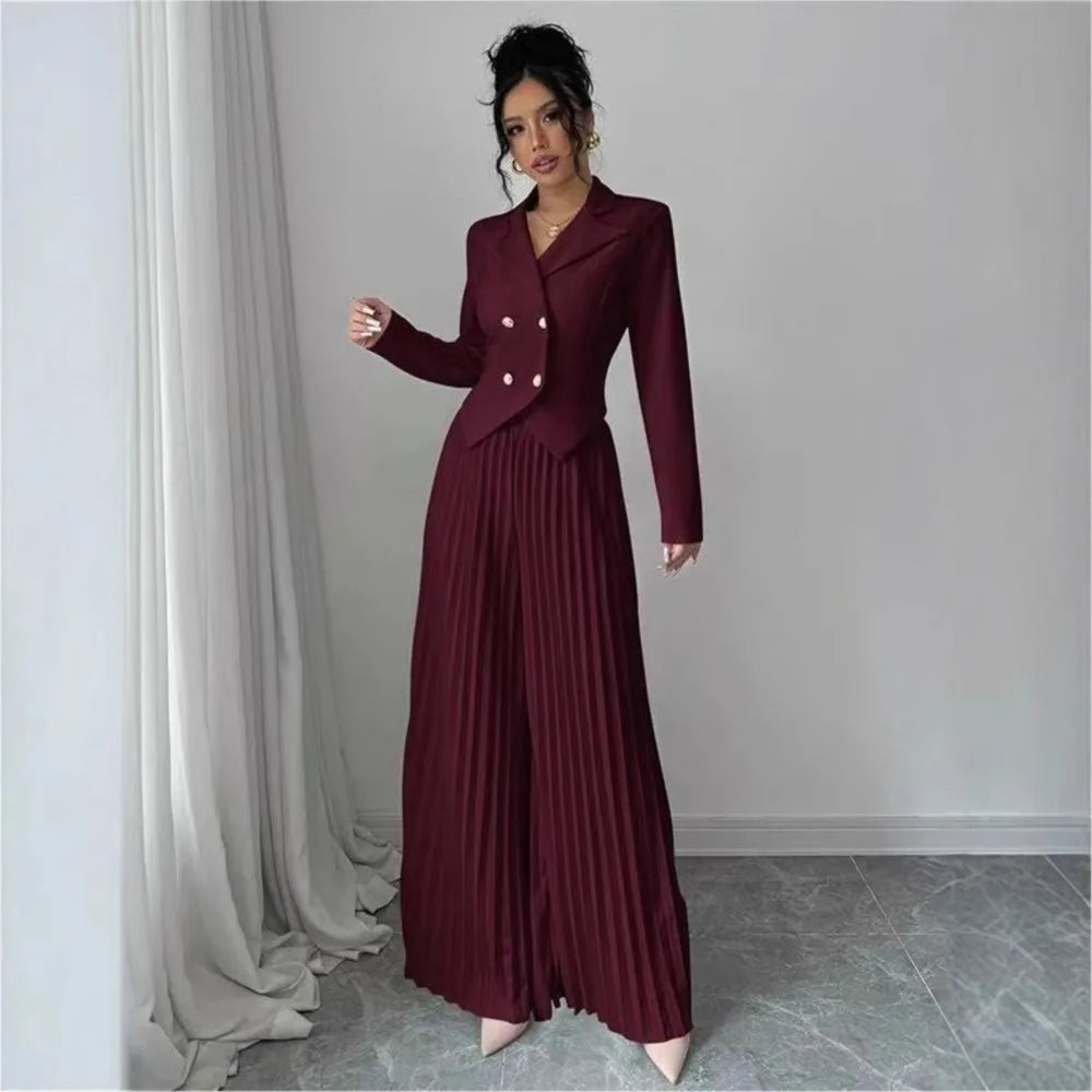 Fashion Pleated Trousers Two-piece Women's Suit Short Top Suit